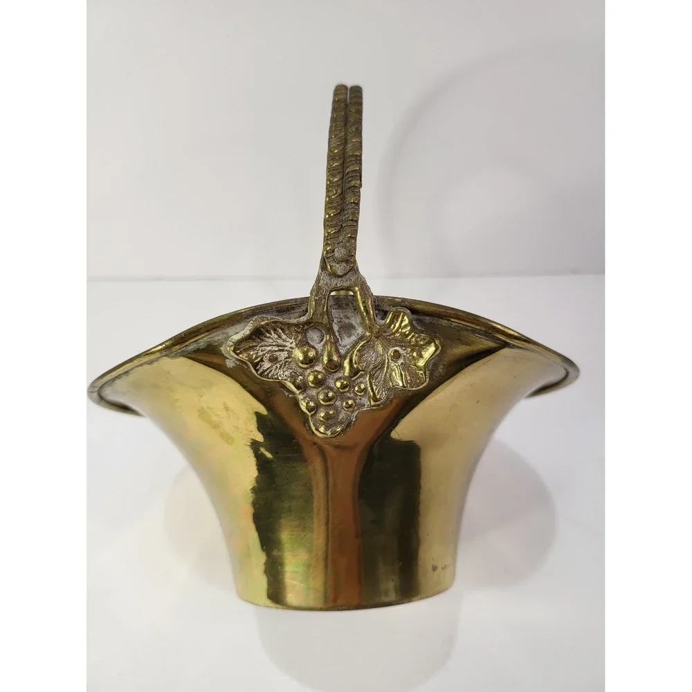 Vintage Brass Basket Grape Leaf Motif Scalloped Edge Decorative Handle India